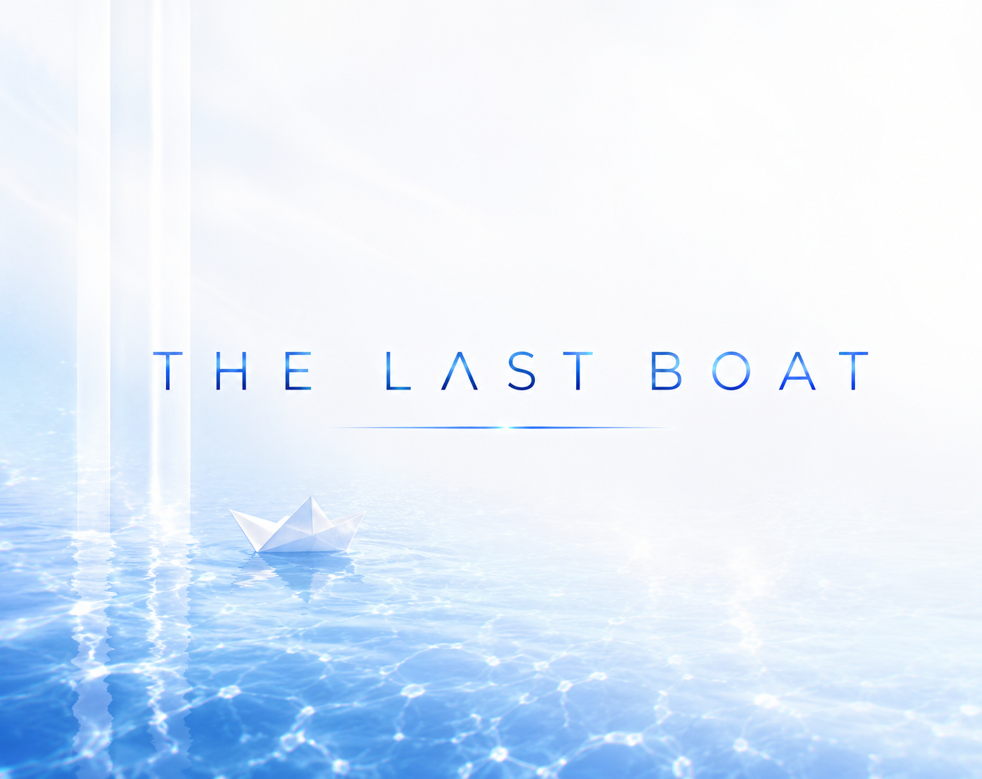 Promotional artwork for The Last Boat, showing a paper boat floating on luminous blue water.